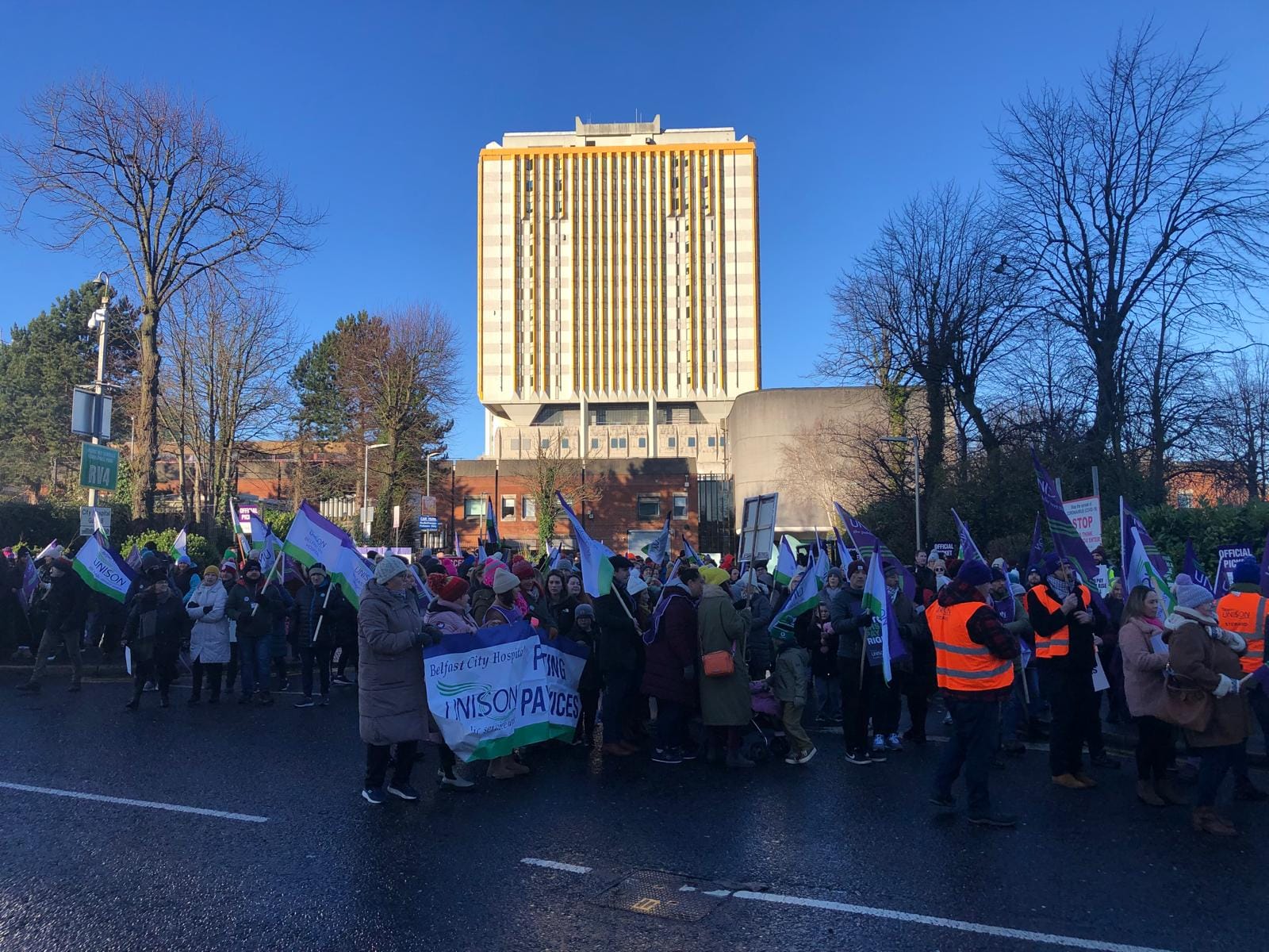 18 Jan 2024 Health Workers Strike march massing at City Hospital in Belfast