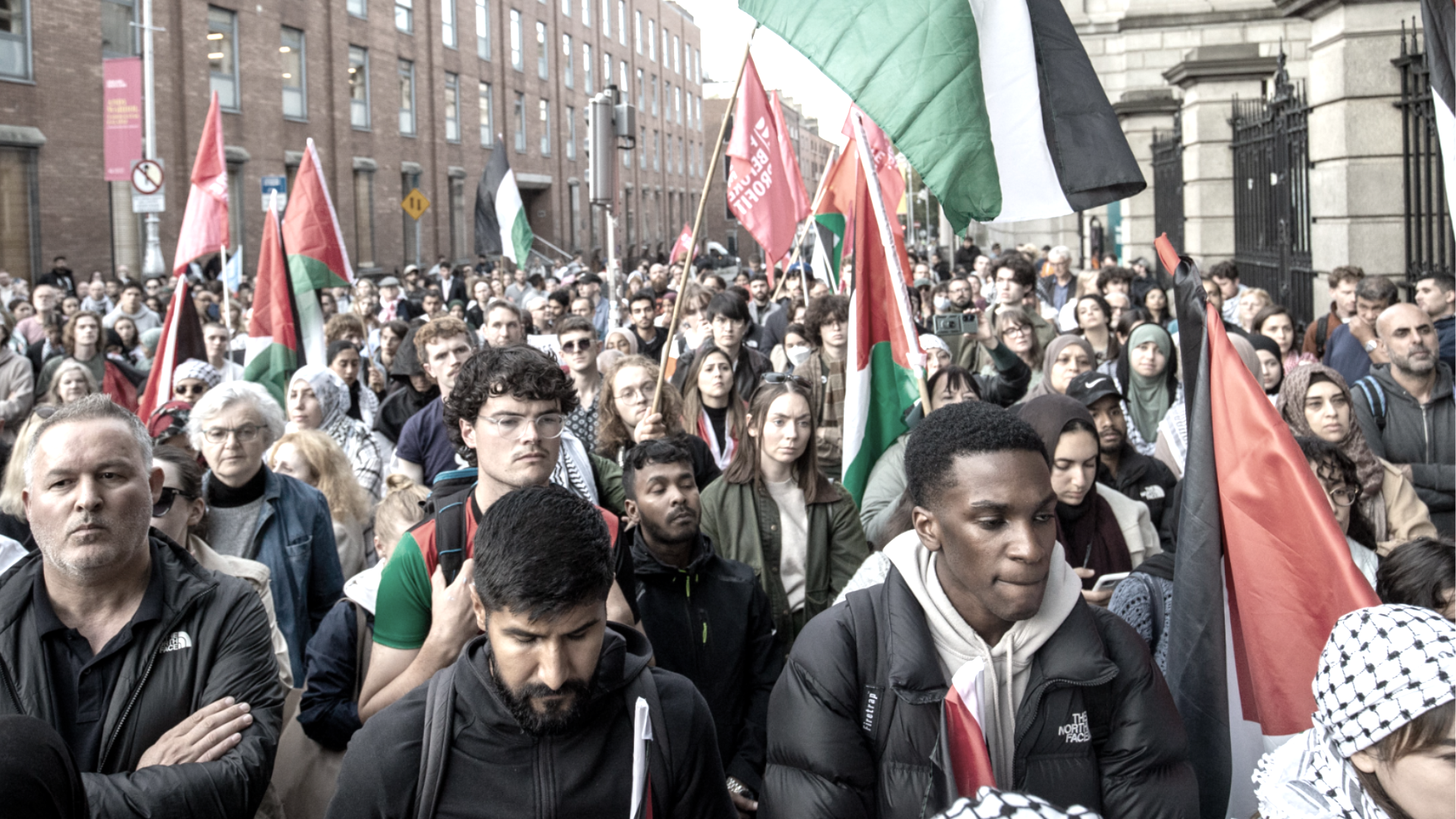 Large crowd in front of Dáil Éireann holding Palestine flags and People Before Profit flags wearing keffiyahs in solidarity with Palestine. Original image found on IrishTimes.com