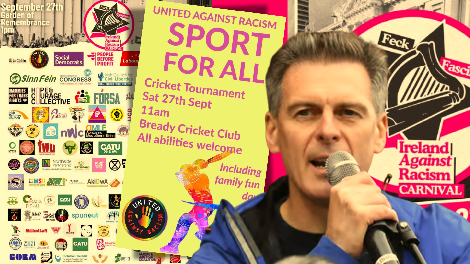 Cllr Harkin & publicity posters United Against Racism Sport For All Cricket Tournament Sat 27th Sept 11am Bready Cricket Club All abilities Welcome Including Family Fun Day.