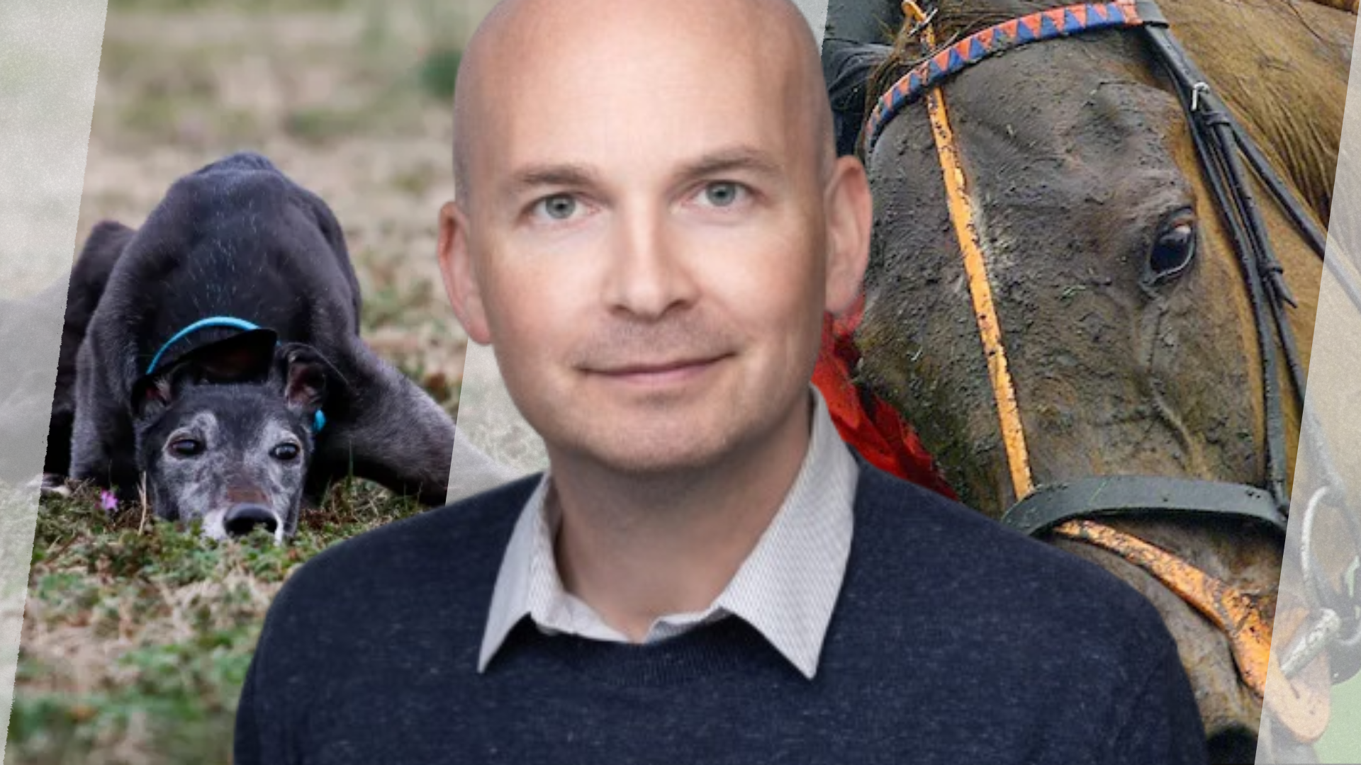 Paul Murphy in front of a greyhound and racing horse.