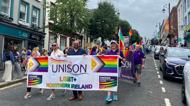 'Unison LGBT+ Northern Ireland' banner at Foyle Pride March 2025