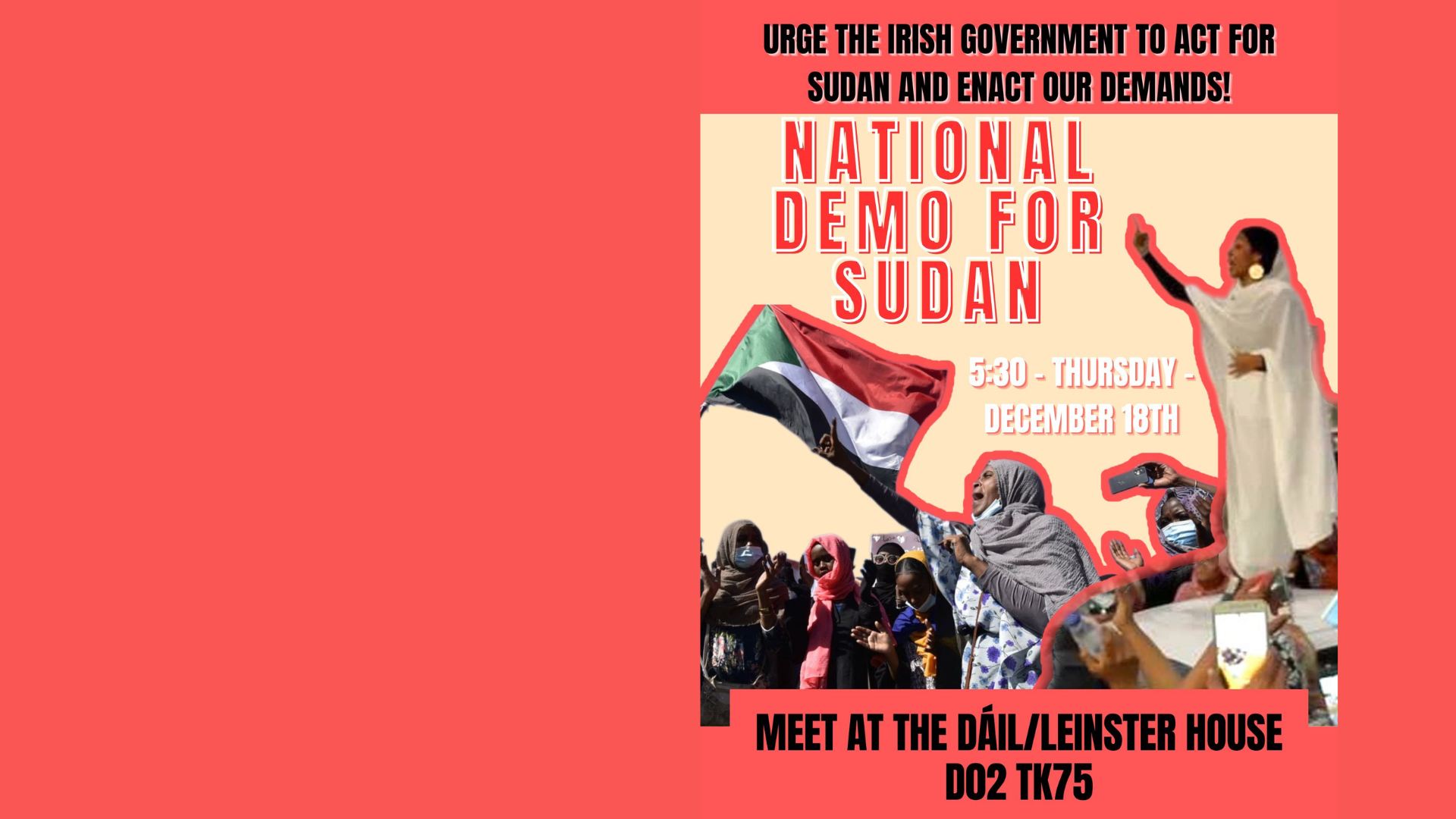 Image from an event flyer saying: Urge the Irish Government to Act for Sudan and Enact our Demands National Demo For Sudan followed by date and time