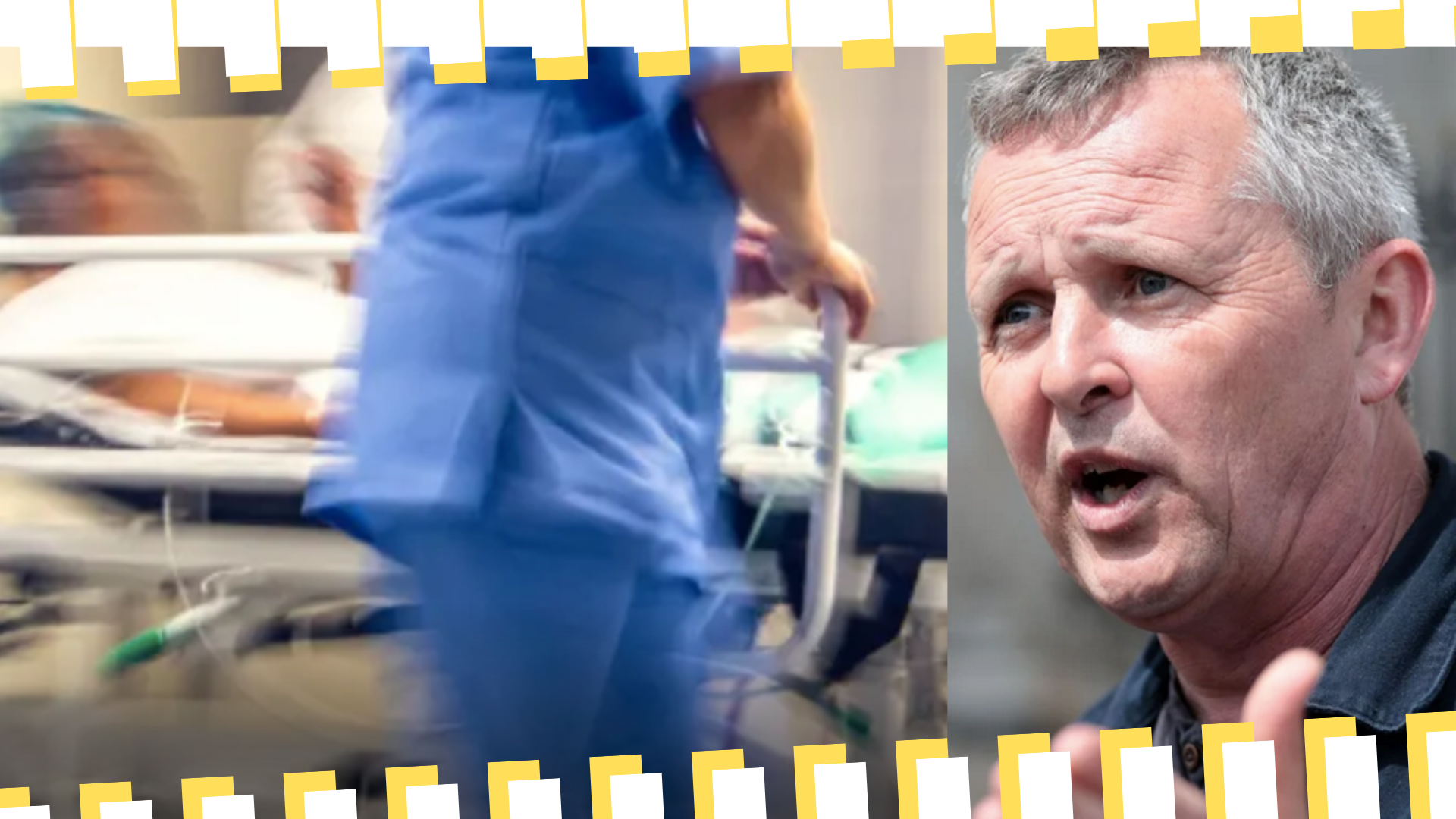 Person in ICU bed being rushed to care by health workers. Richard Boyd Barret speaking. Yellow and white abstract graphic.