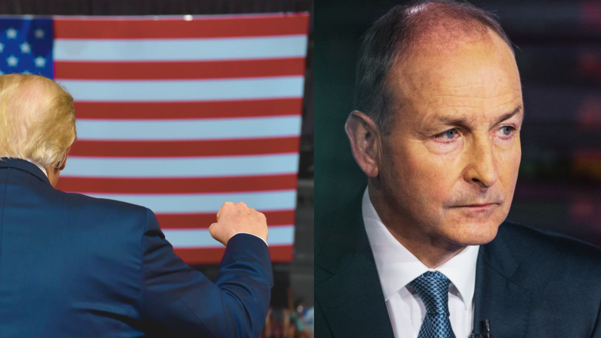 Left, Trump with fists raised facing US flag. Right, Micheál Martin Silent looking away.