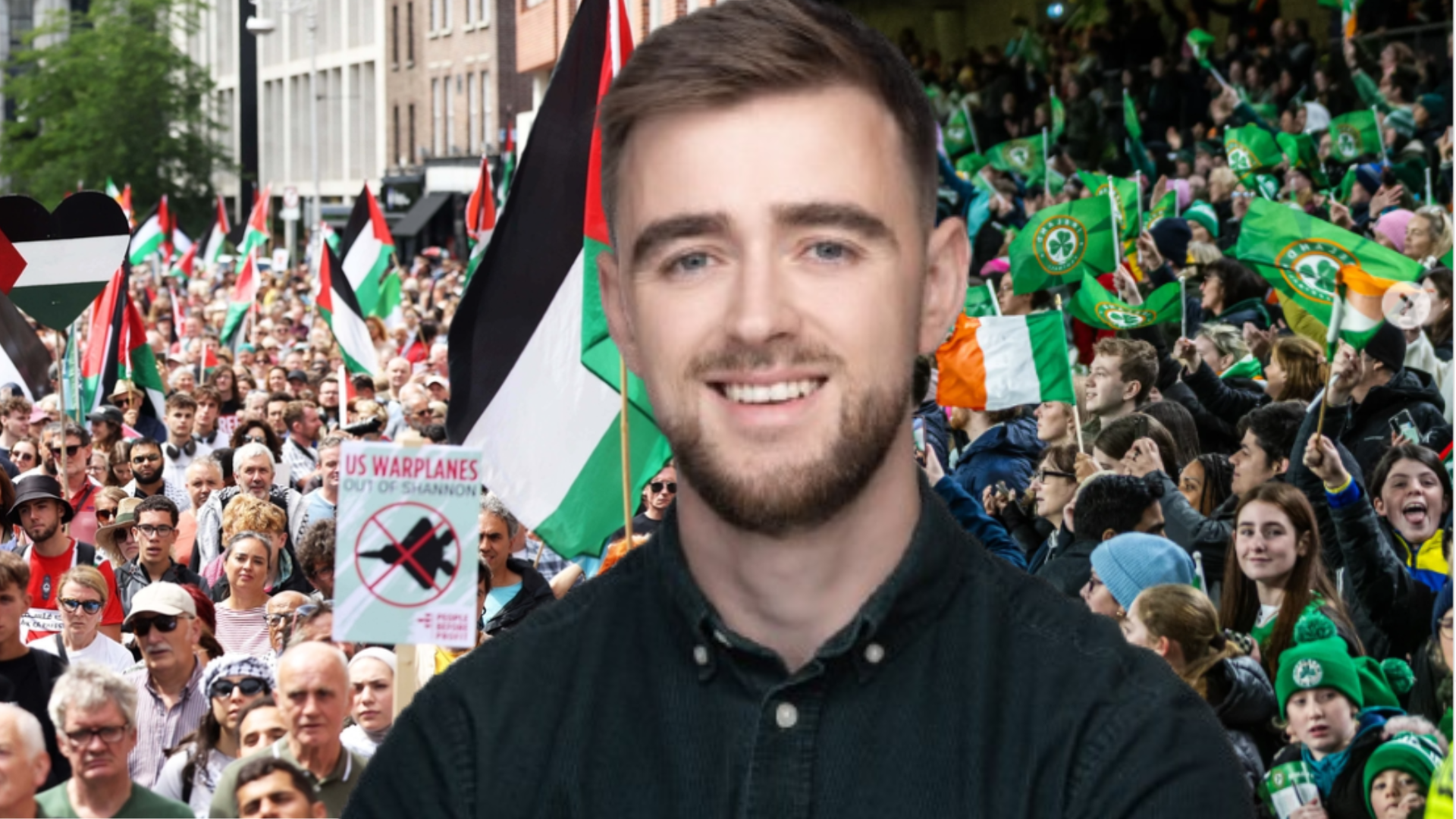 Conor Reddy in front of a crowds of Palestine solidarity marchers and Ireland Football supporters.