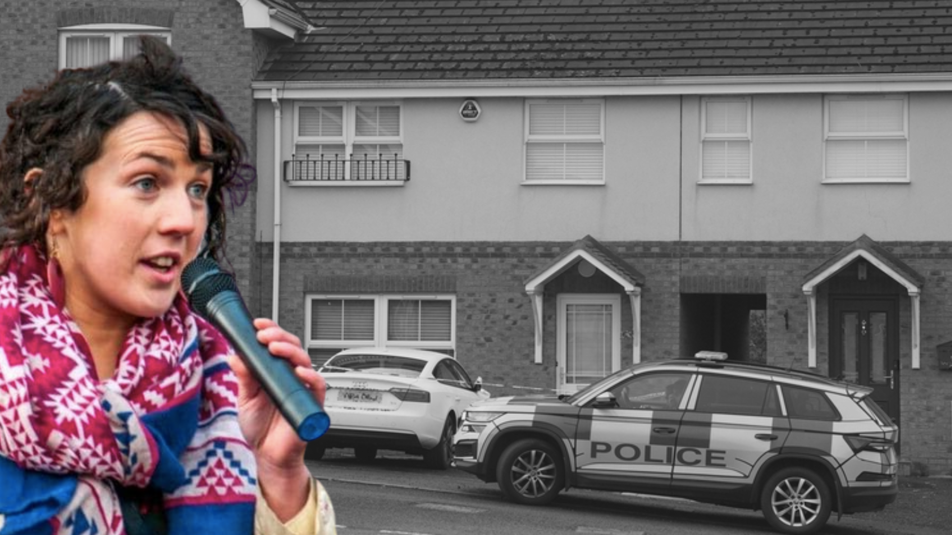Maeve O'Neill over a photo the home of Amy Doherty with police cordon and car.