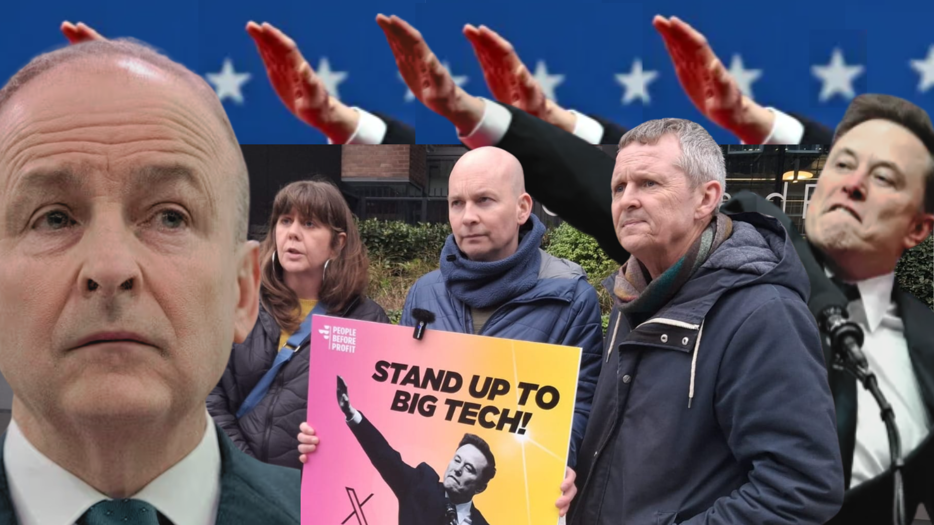 Micheál Martin being patted on the head with Hitler salute from Elon Musk as People Before Profit TDs and campaigners look on holding a sign that says Stand Up To Big Tech.