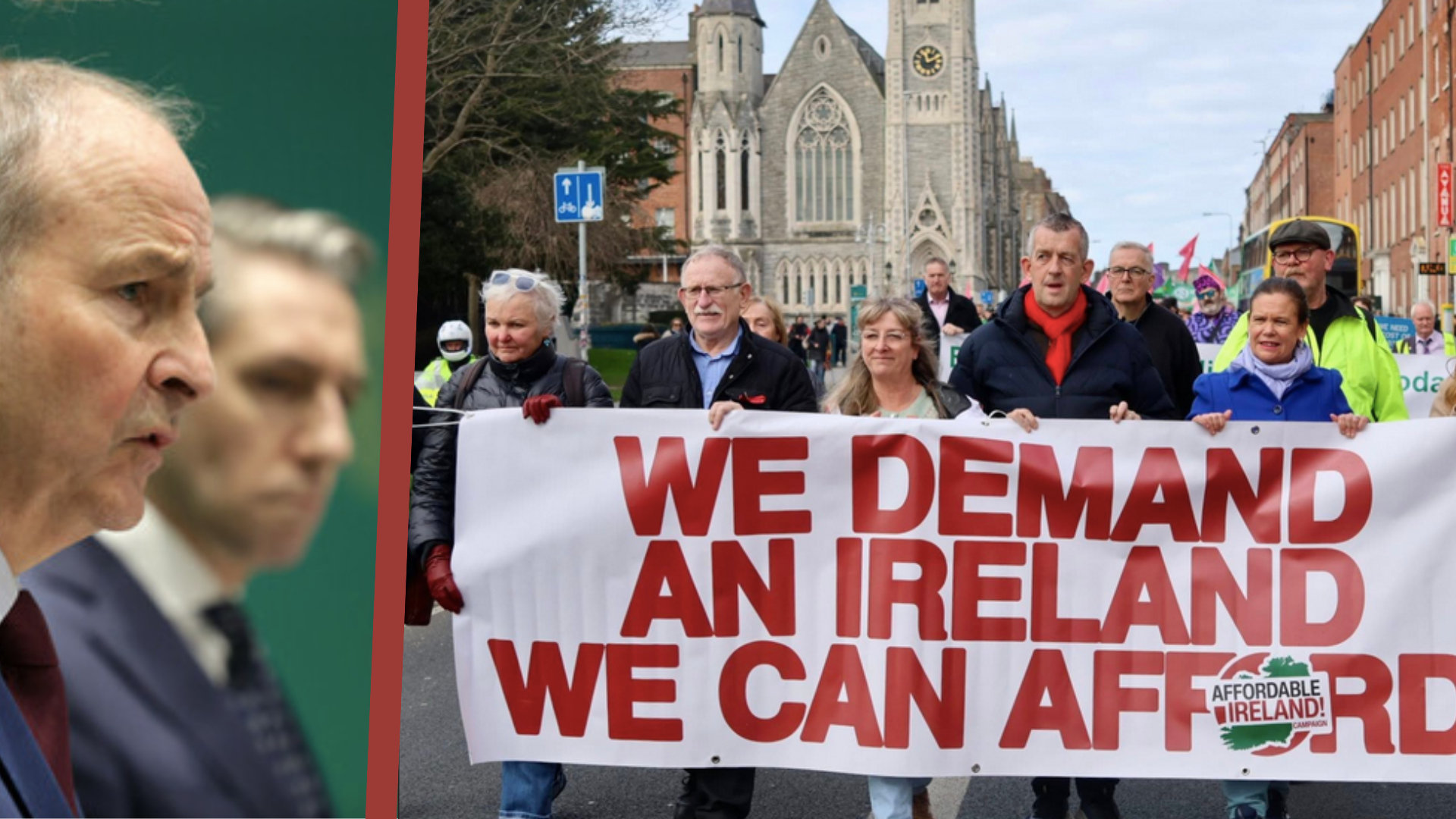 Micheál Martin and Simon Harris squared off against Bríd Smith and other left supporters behind Affordable Ireland Campaign's banner WE DEMAND AN IRELAND WE CAN AFFORD. 