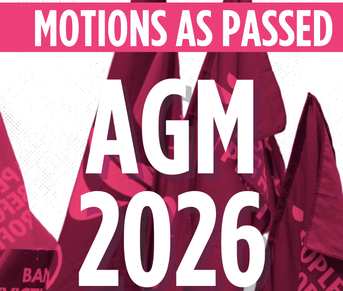 Motions as Passed AGM 2026 in front of People Before Profit flags.