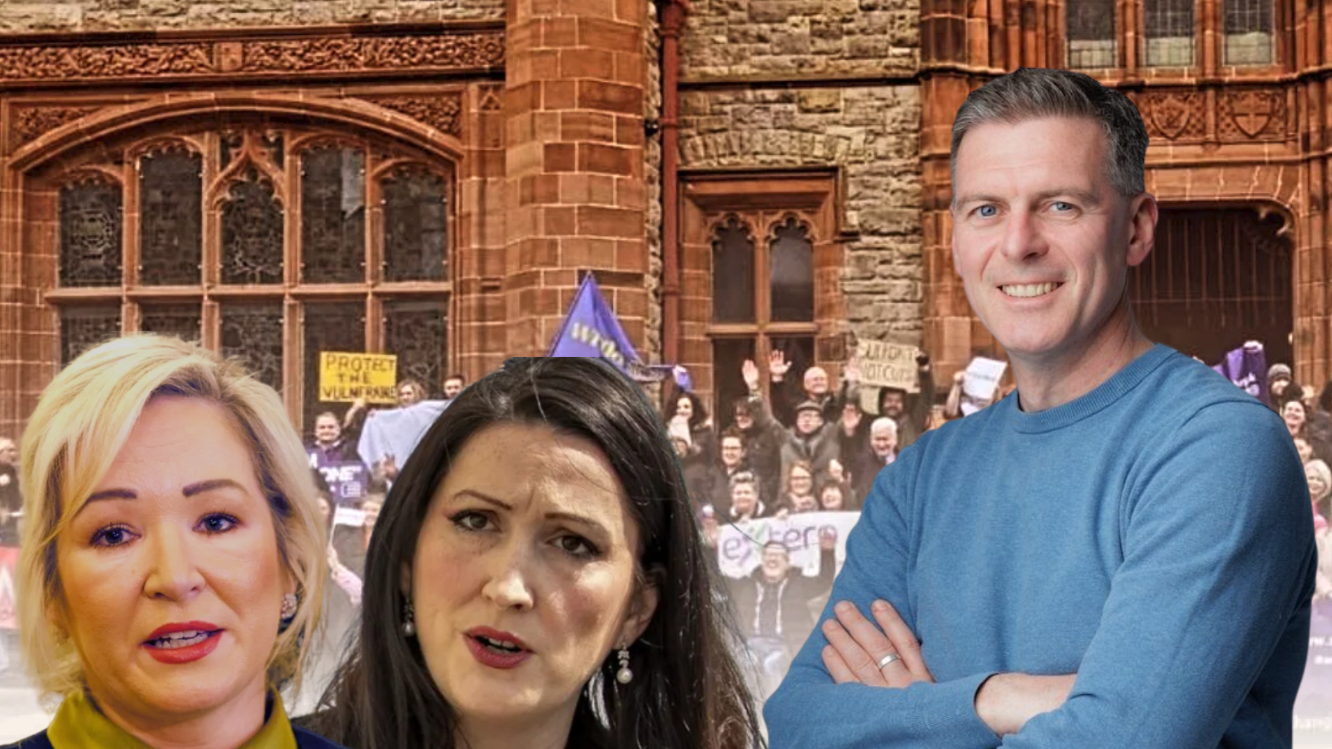 Michelle O'Neill (SF) and Emma Little-Pengally (DUP) facing off against Derry Community and Voluntary Sector campaigners and Shaun Harkin (PBP) in front of Guildhall in Derry.