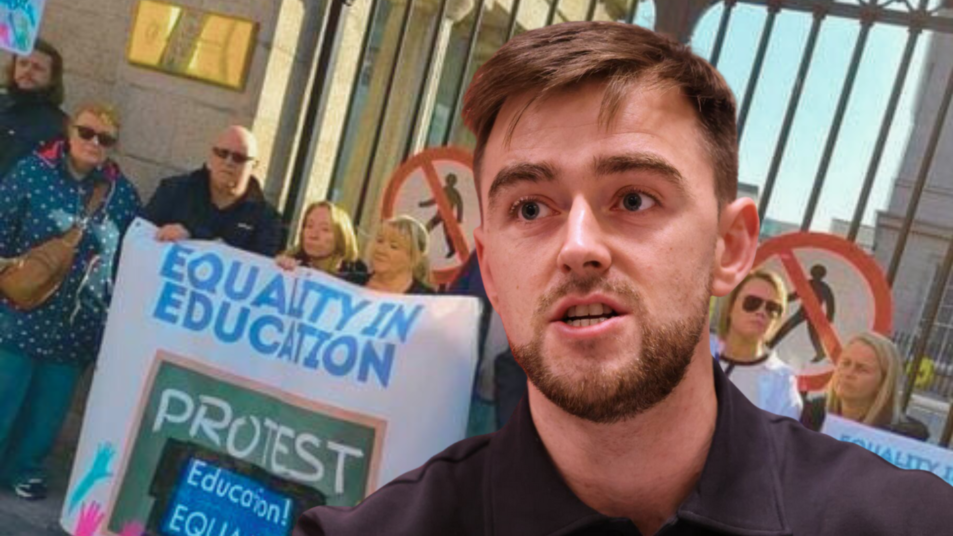 Cllr Conor Reddy speaking in front of an Equality in Education demonstration in front of the Dept of Education.