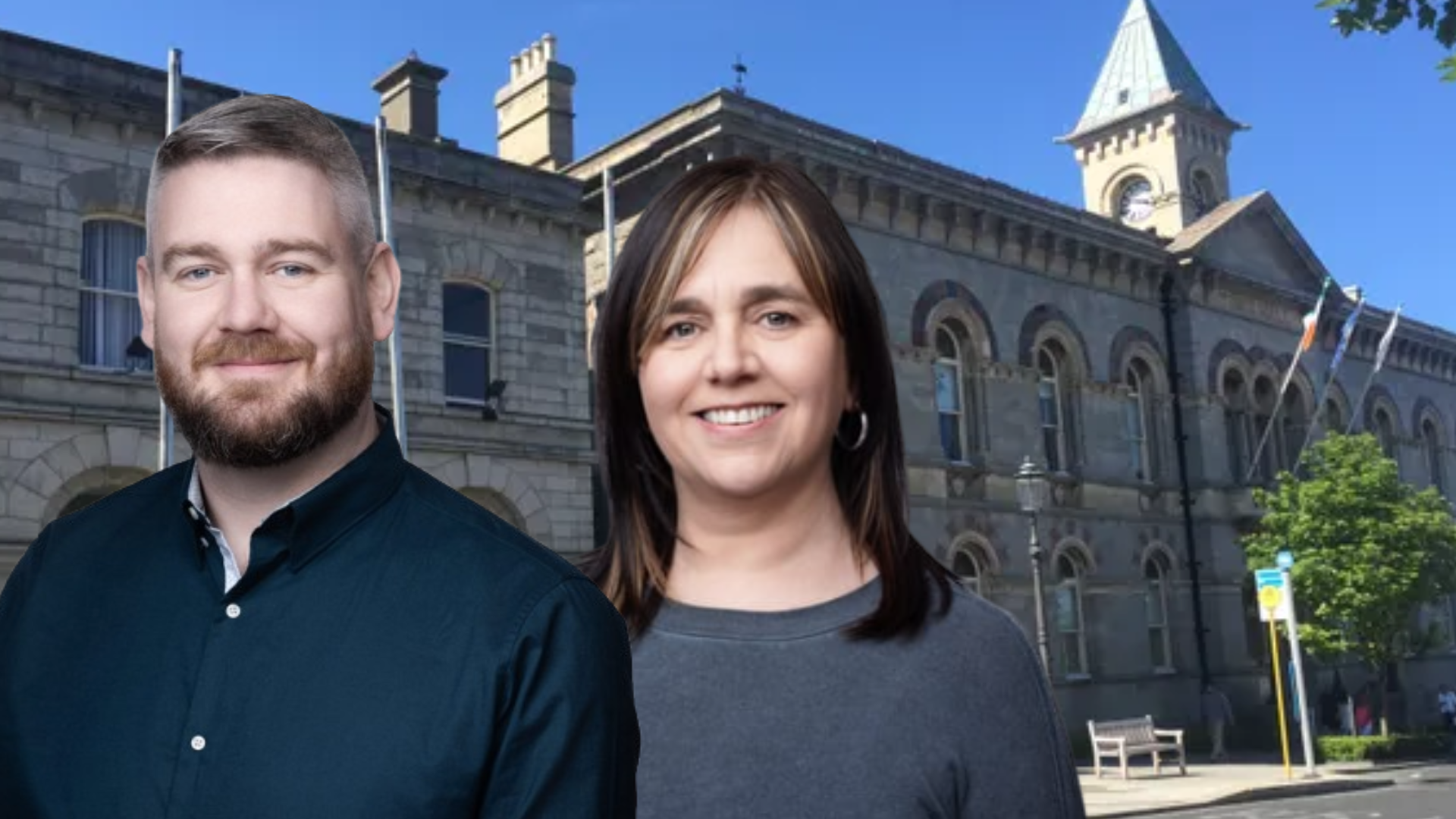 Councillors Dave O'Keeffe and Melisa Halpin in front of the Dún Laoghaire-Rathdown County Council building.
