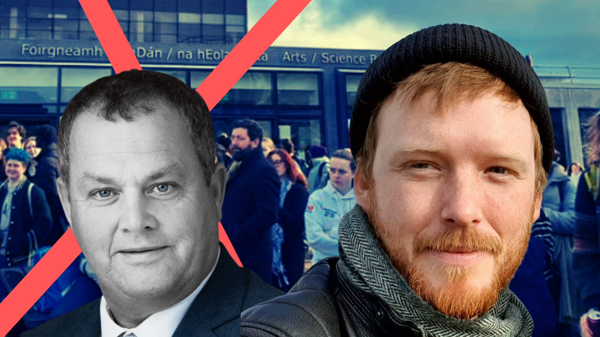 Noel Thomas and Denman Rooke over a photo of a housing protest at Galway's Arts / Science Building