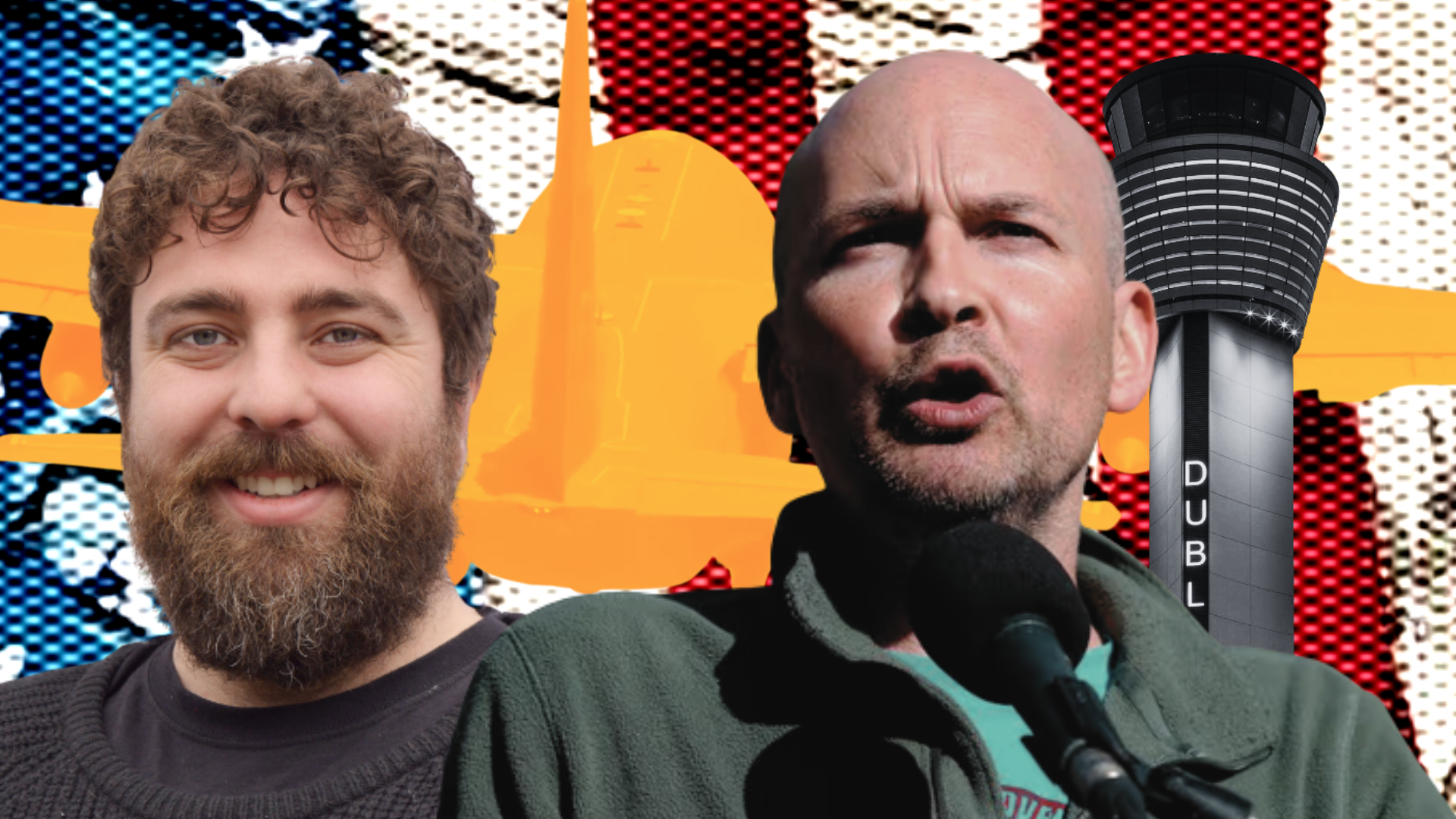 Paul Murphy and Eoghan Ó Ceannabháin in front of Trump a C130 and a contol tower.