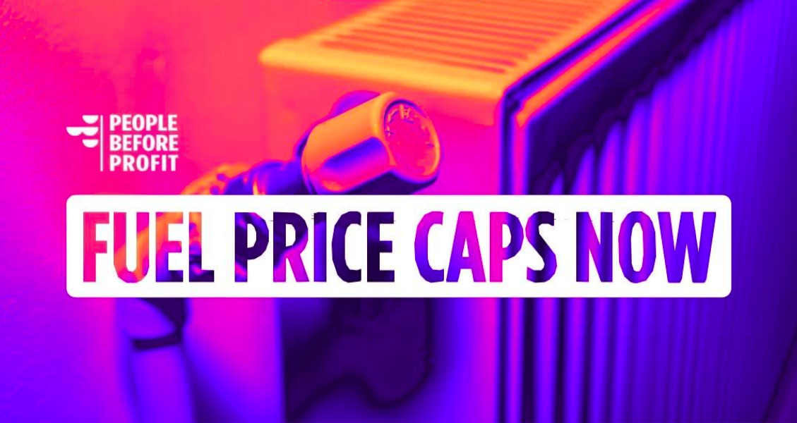 Fuel Price Caps Now slogan in front of a beautiful image of detail of central heating unit.