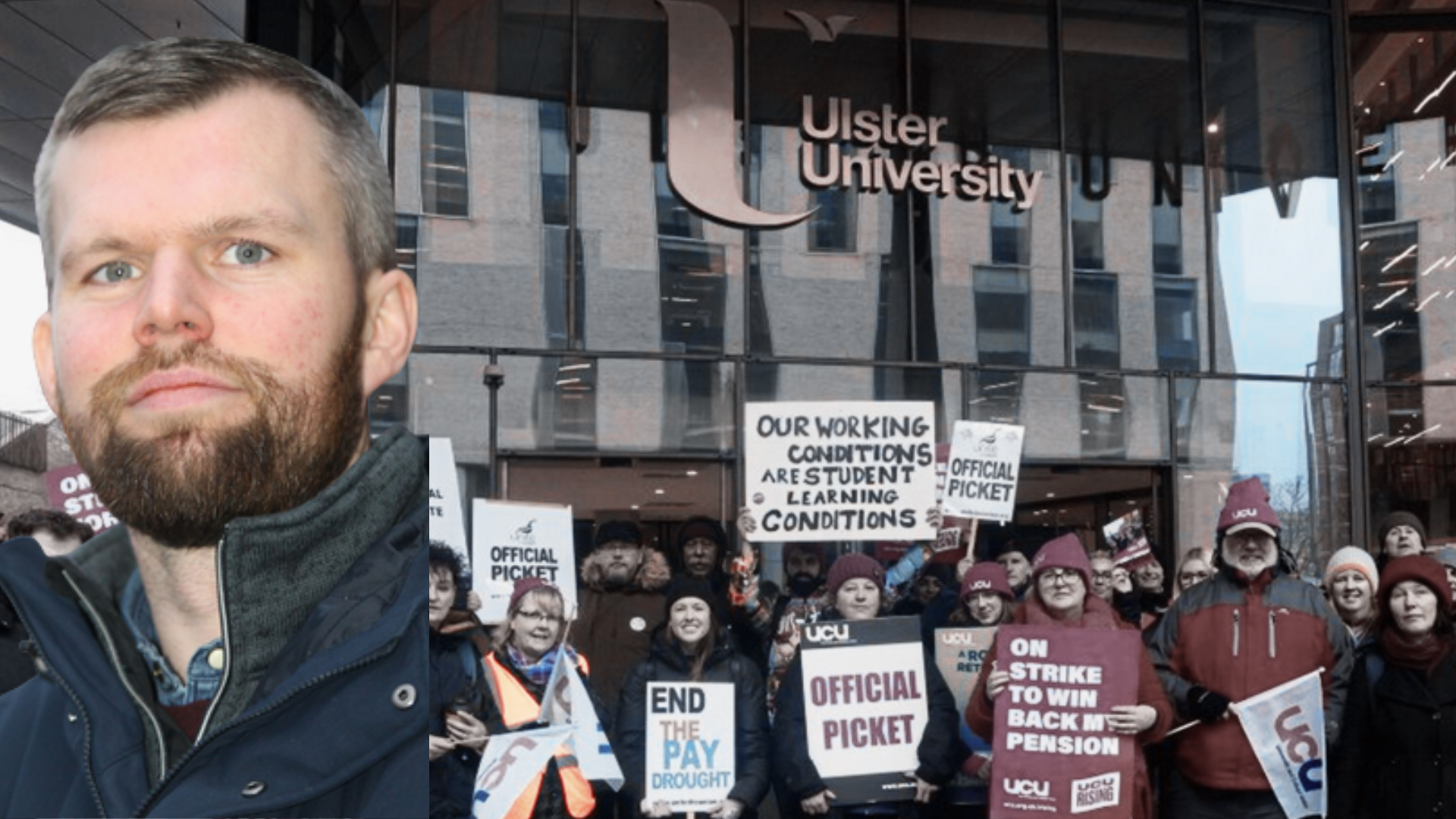 Gerry Carroll in front of the 2023 Picket at Ulster University in Belfast