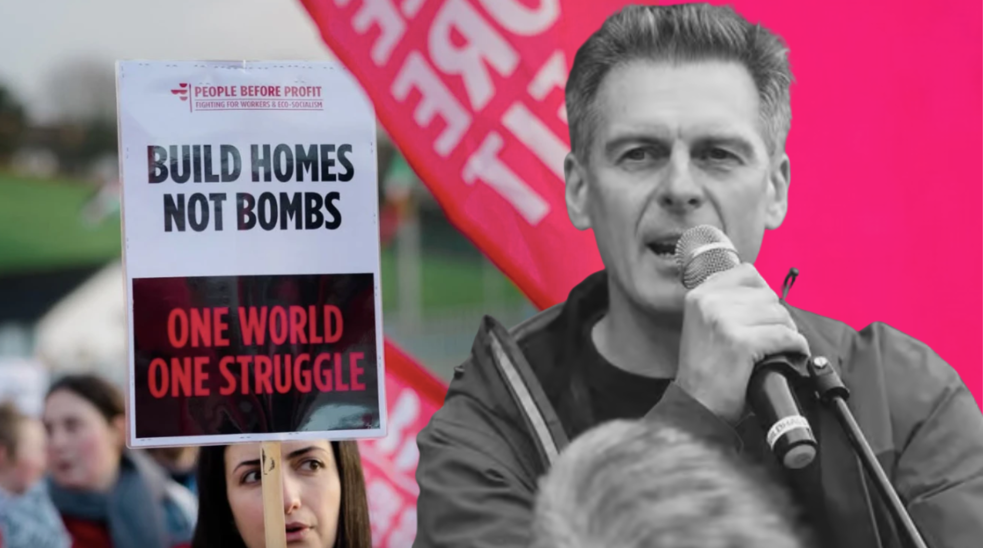 Black and White Shaun Harkin with microphone; Protestors in background one holds a party placard saying Build Homes Not Bombs - One World One Struggle.
