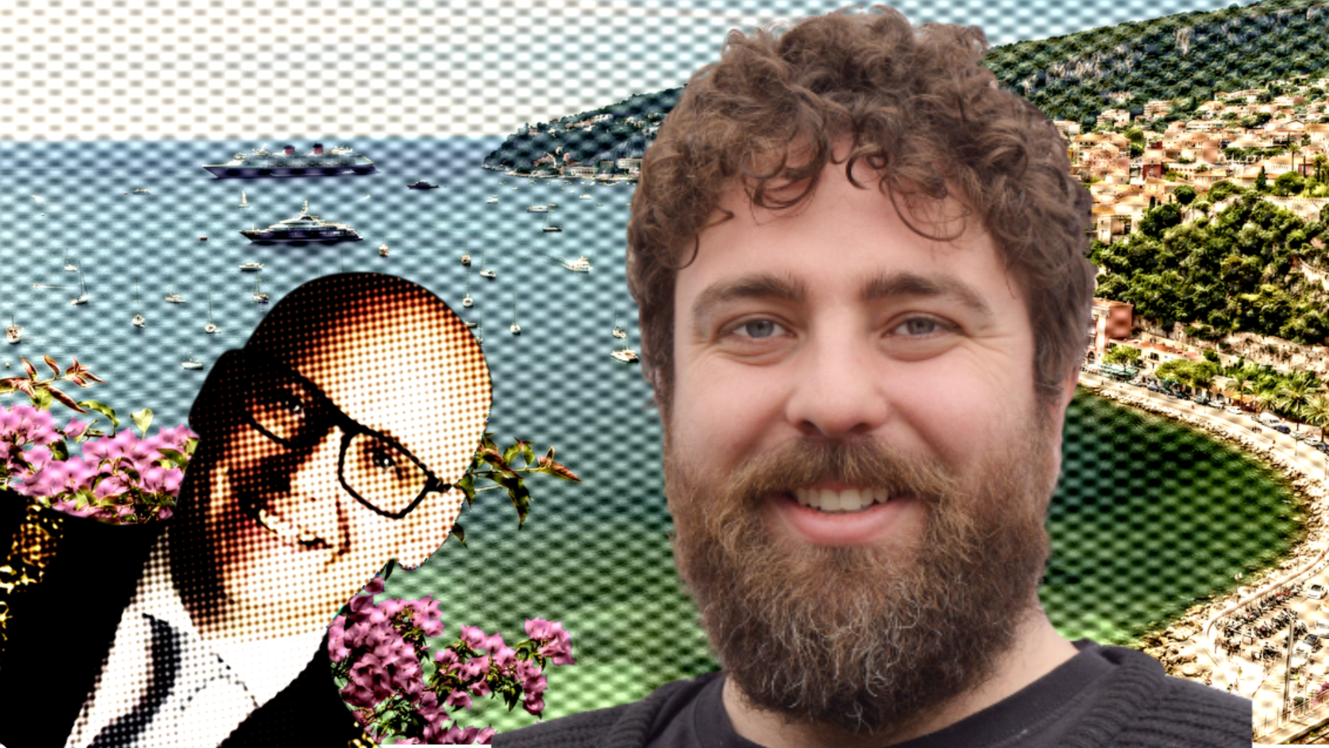 Stylised image of the French Riviera and Ray McAdam in his Mayor's chain Eoghan Ó Ceannabháin in front.