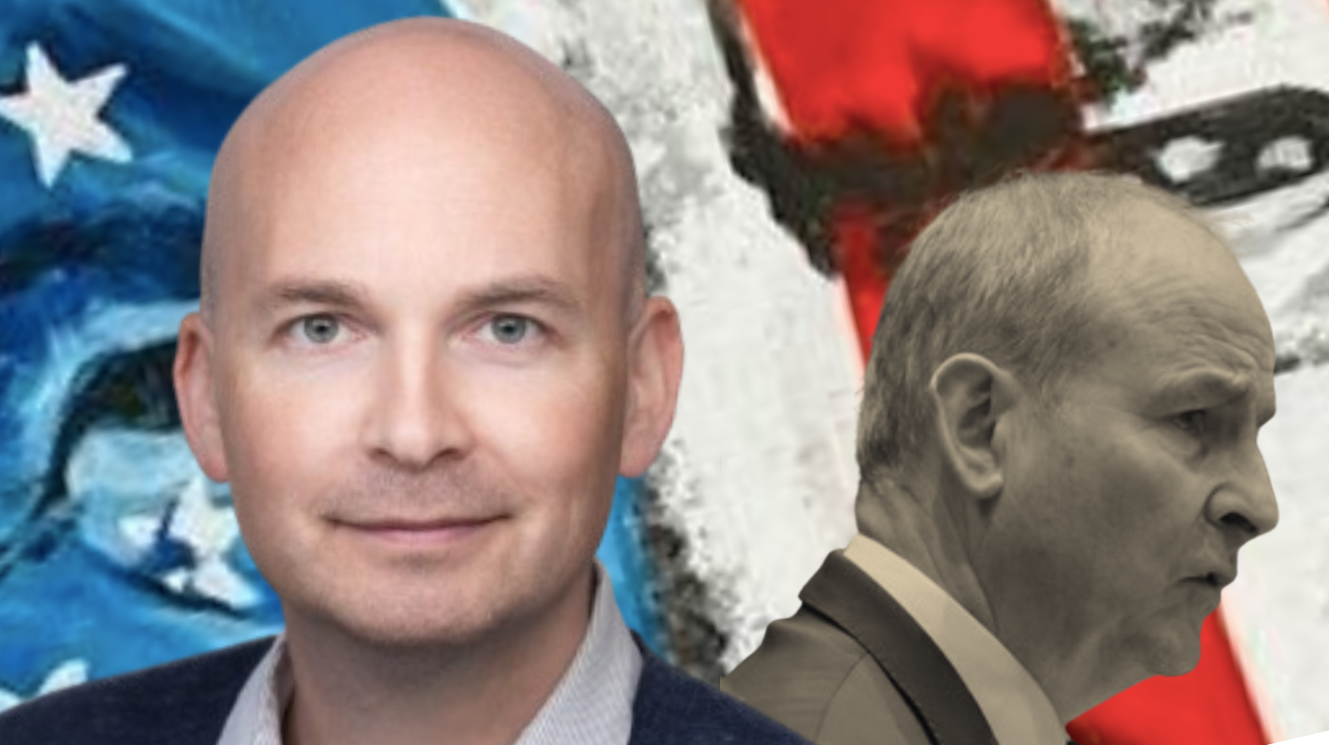 Paul Murphy in front of Micheál Martin and the grotesque star-spangled clown face from Trump's social media profile.