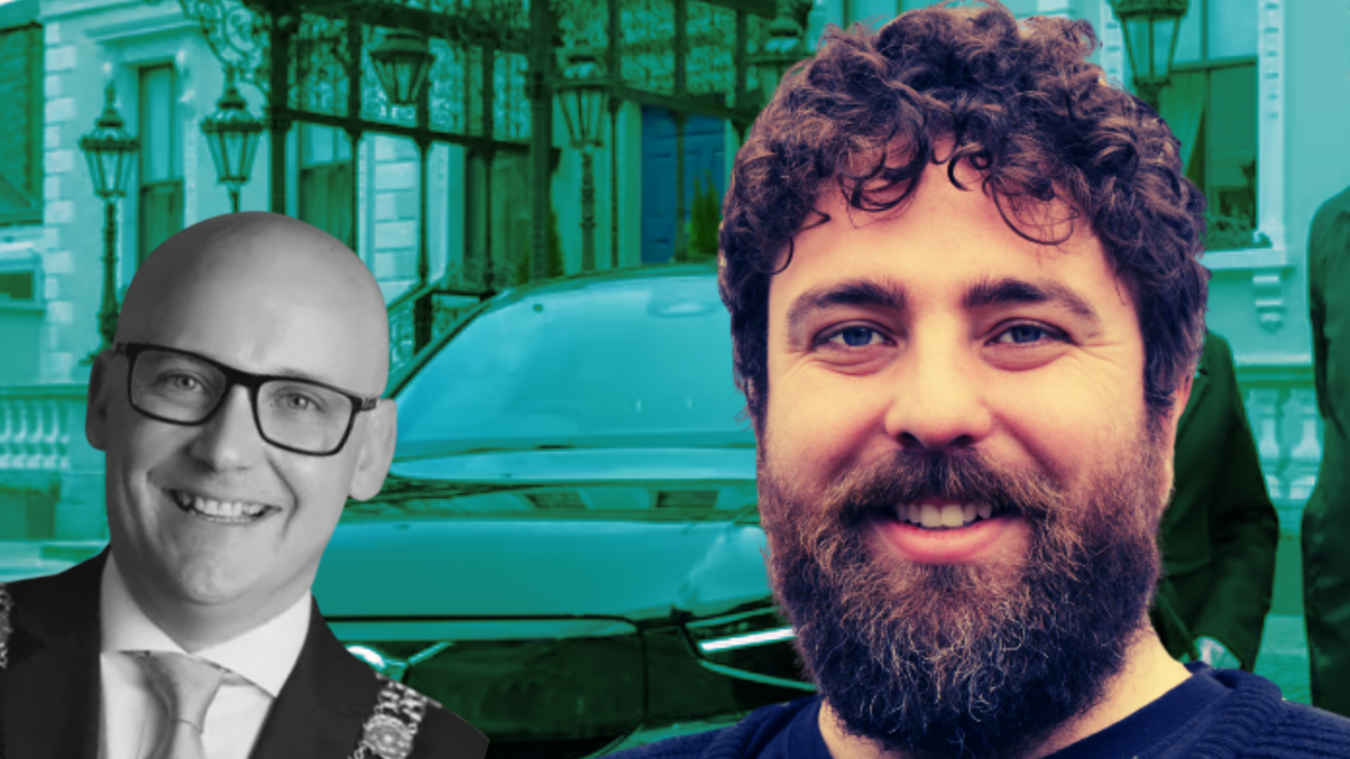 Eoghan O Ceannabhain and Ray McAdam in front of an image of the Lord Mayor's official purposes car.