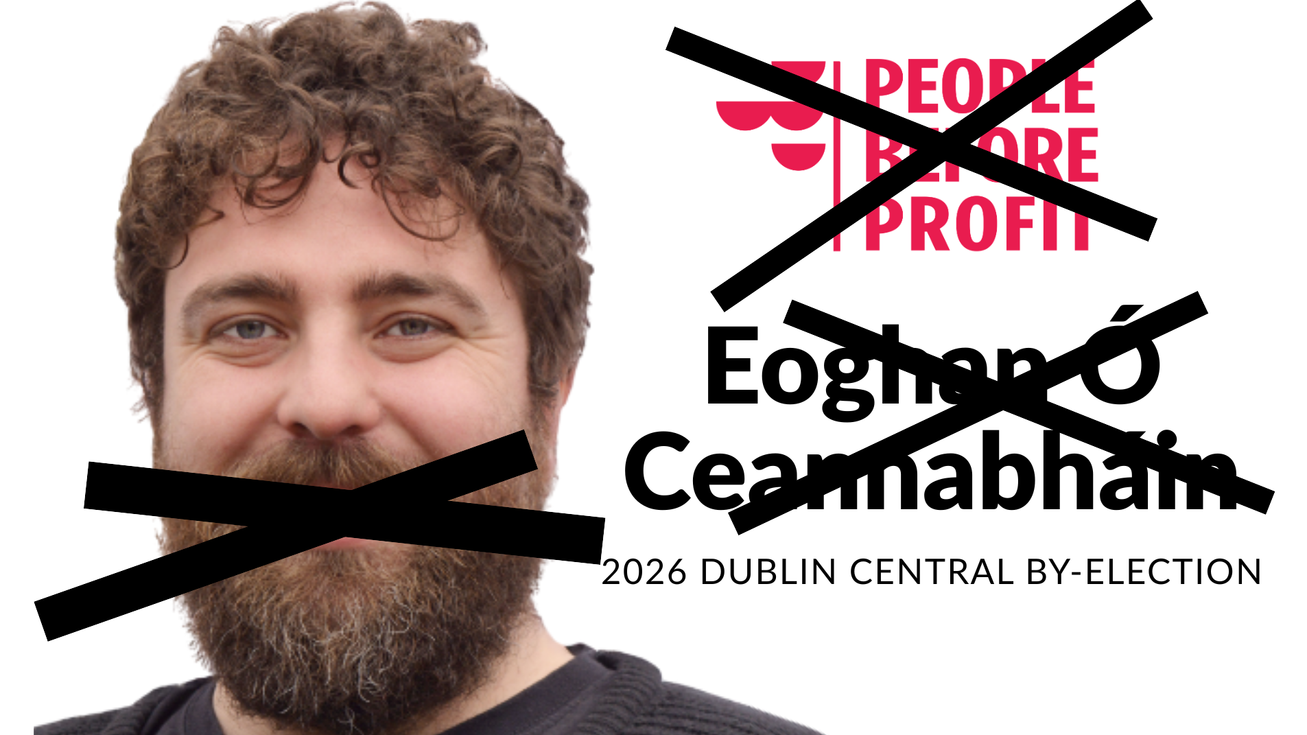 Photo of Eoghan Ó Ceannabháin with his name party and mouth covered with x's.