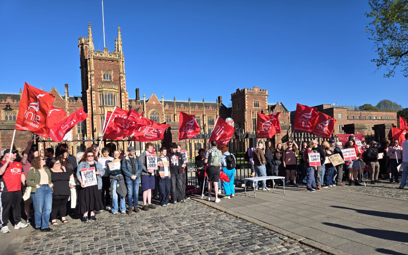 Large Demonstration with Unite members from QUB and NIPSA members in solidarity with Clements Coffee workers under threat of redundancy.