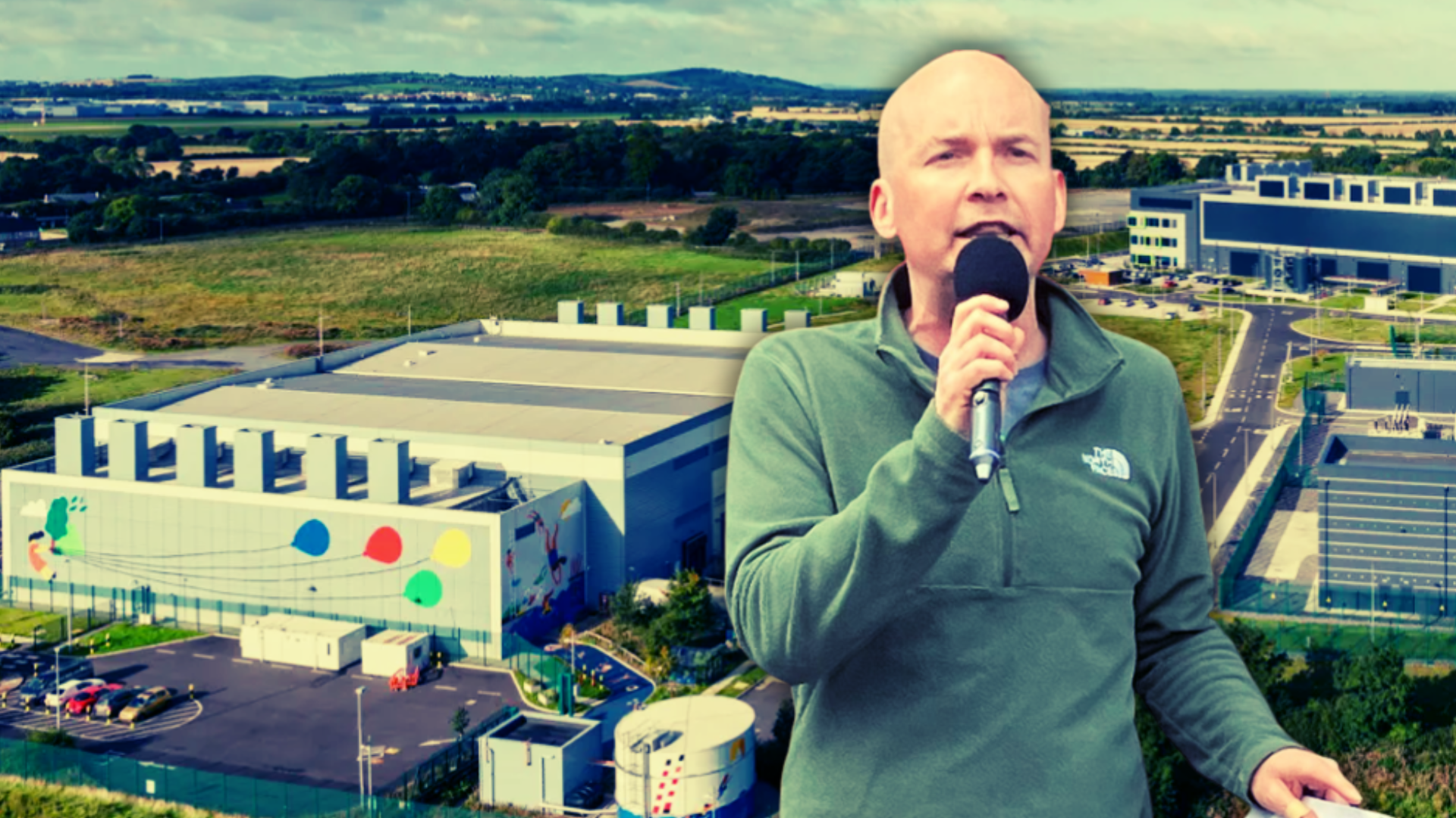Paul Murphy in front of an aerial view of data centre in South County Dublin.