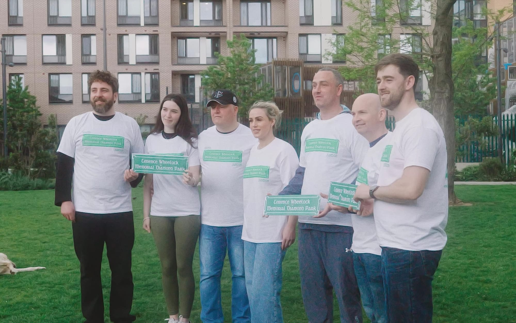 Eoghan Ó Ceannabháin with members of the Wheelock family Paul Murphy TD and Cllr Conor Reddy of People Before Profit at the future Terence Wheelock Park on Gardiner Street Dublin 1.