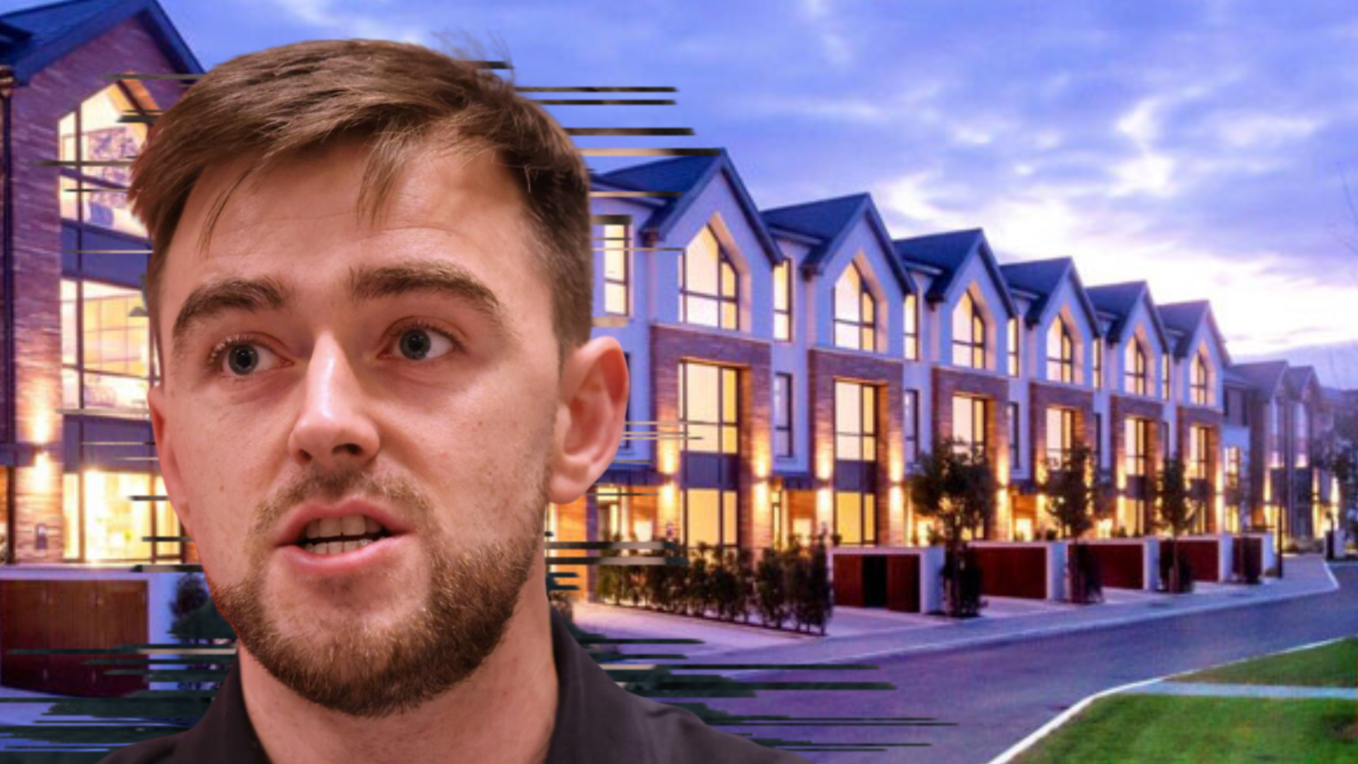 Cllr Conor Reddy in front of the publicity image for Glasnevin's Danestown Place development.