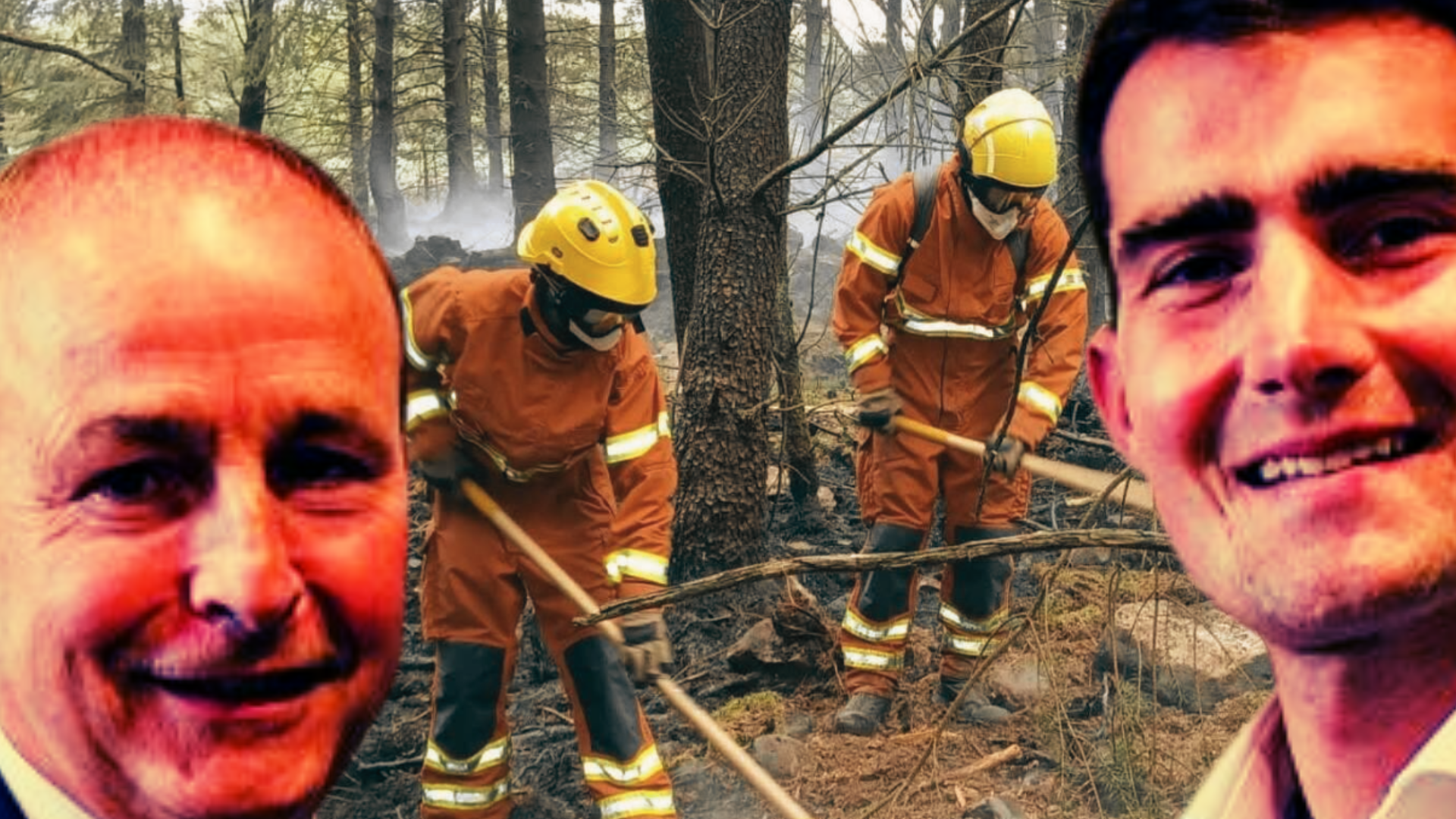 Micheál Martin and Jack Chambers grinning in front of an image of forest fire fighters.
