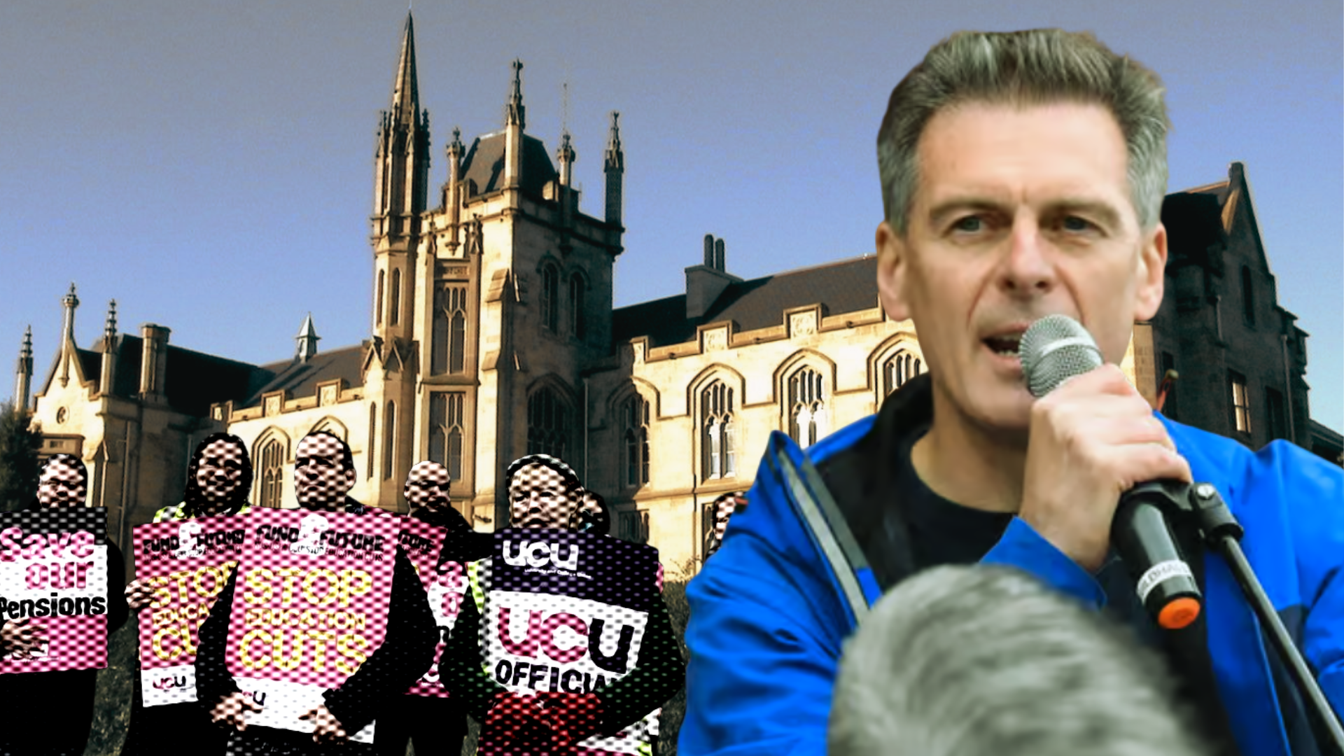 Magee University Building, Strikers with placards, Cllr Shaun Harkin