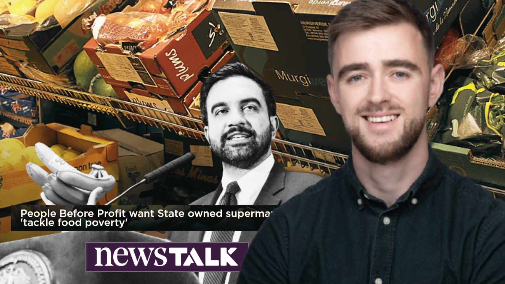 Cllr Conor Reddy in front of images from Newstalk's interview article with him an image of Zohran Mamdani