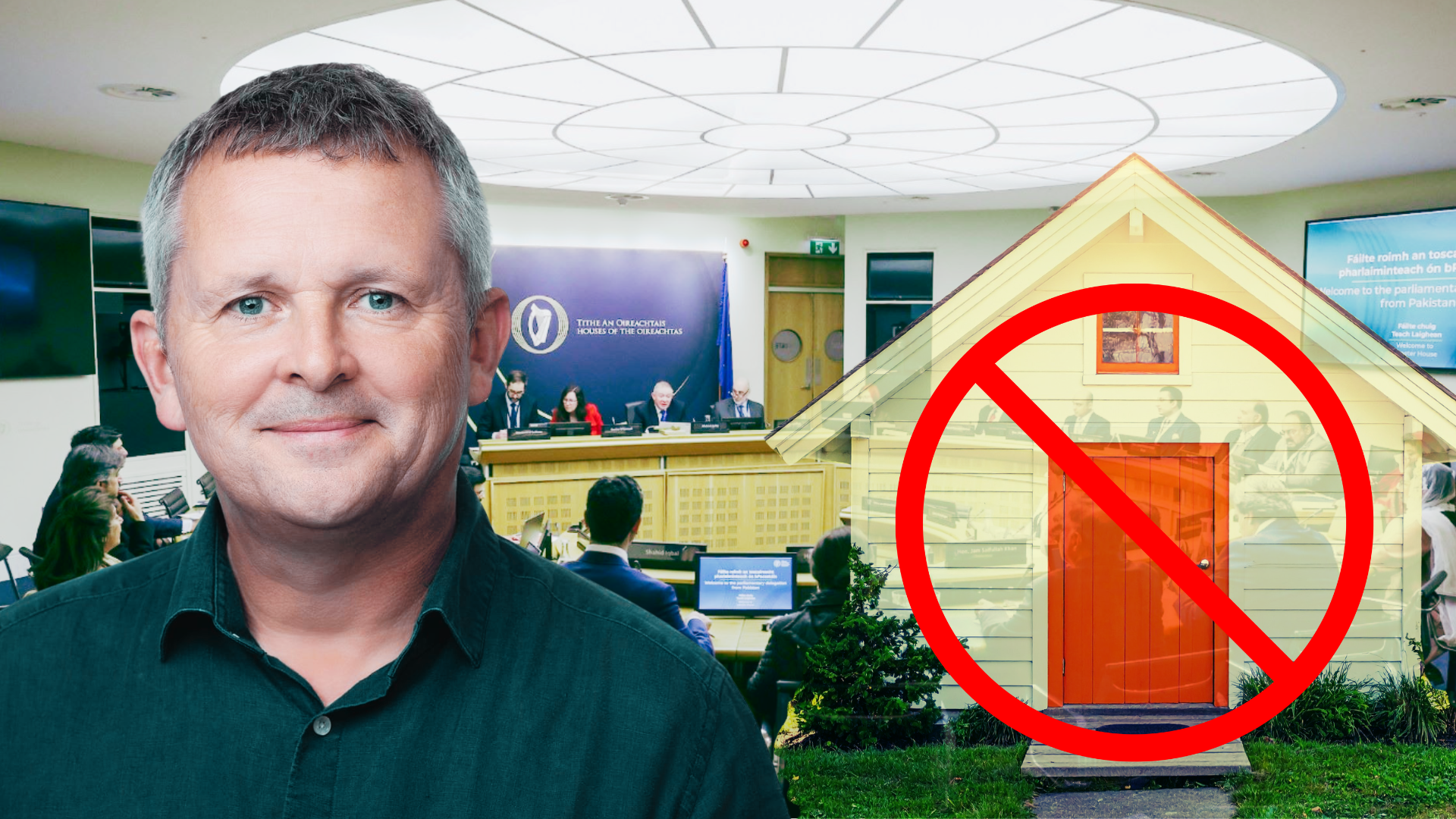 Richard Boyd Barrett next to an image of a shed with a door. A no sign over the shed. Background: a Dáil Committee room in session.