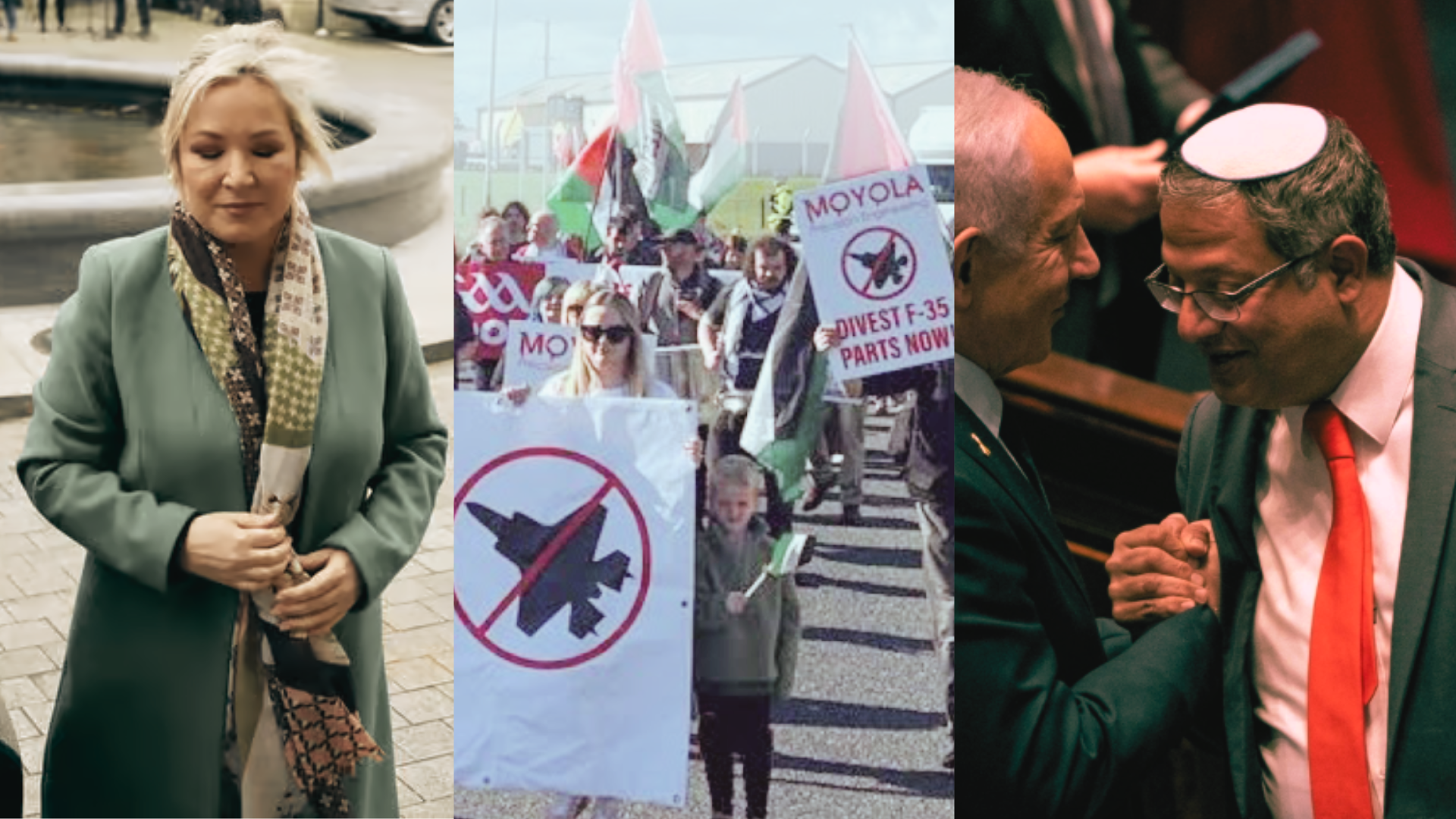 Michelle O'Neill with her eyes closed. Protestors against weapons manufacturing at Moyola. Netanyahu holding Ben-Givr's close.