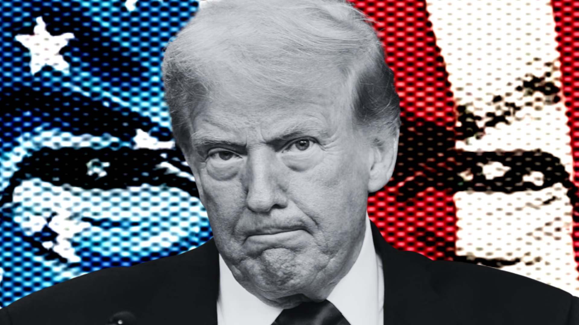 Donald Trump pictured in black and white in front of an image of his social media profile image.