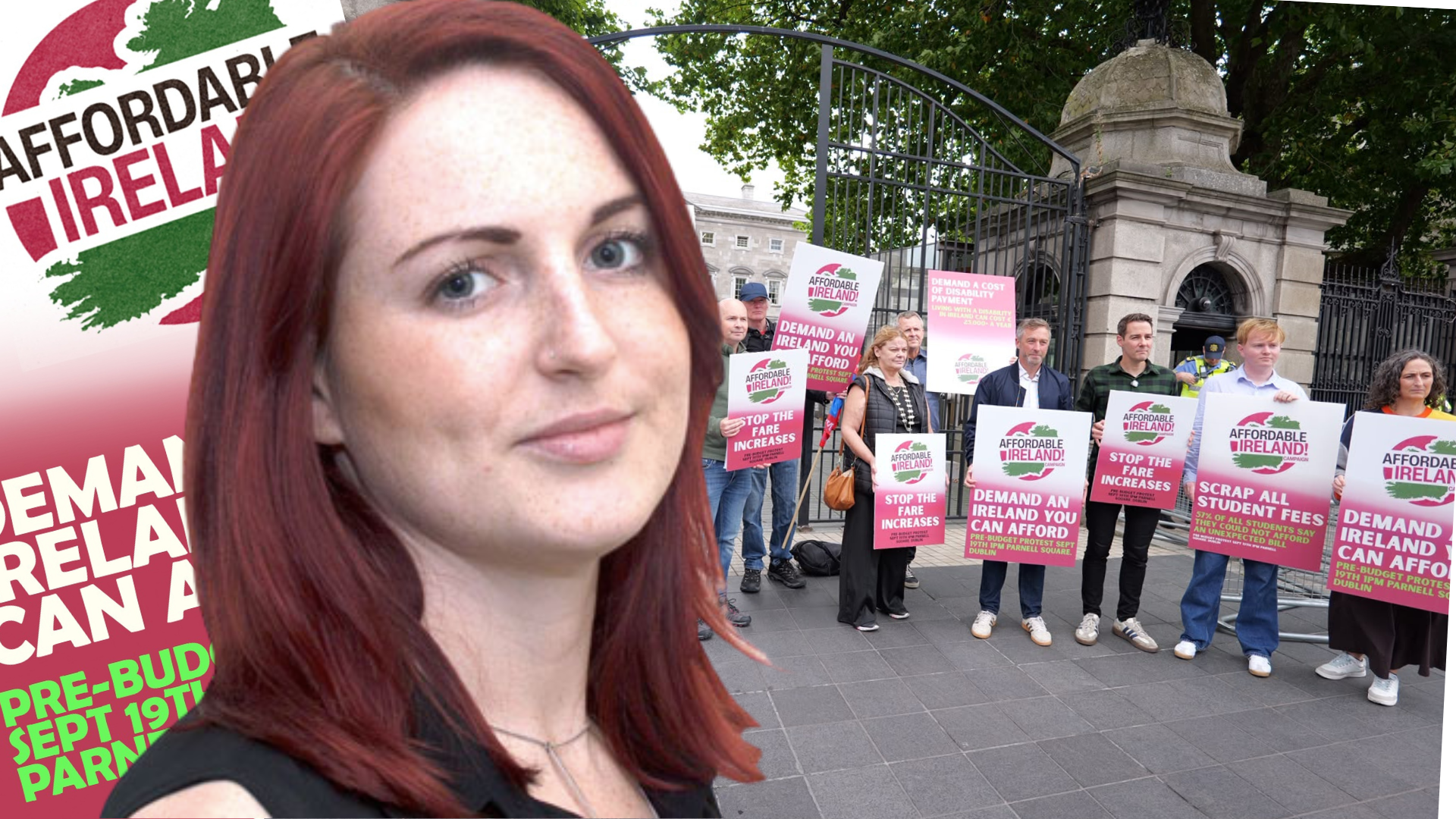 Adrienne Wallace in front of a poster for the Affordable Ireland Pre-Budge Demo on September 19th in Dublin. Also an image of party reps from Sinn Féin, Social Democrats and PBP. 