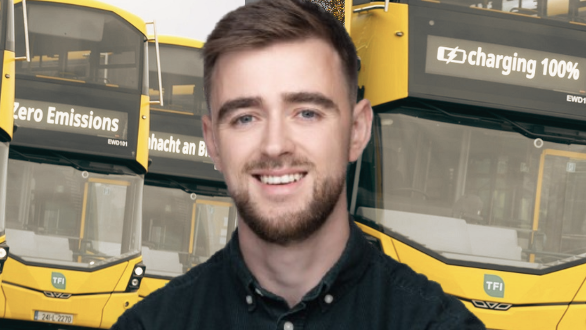Cllr Conor Reddy Dublin City Council; background Zero Emissions buses owned by Transport for Ireland.