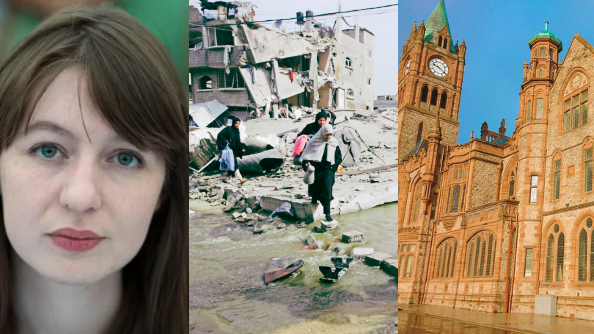 Sally Rooney; Women Crossing a makeshift bridge in Gaza; Derry's Guildhall.