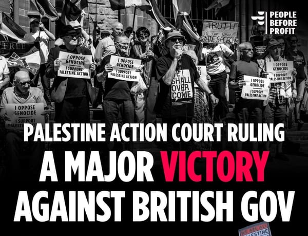 Eamonn McCann and other supporters of Palestine Action in black and white behind the title Palestine Action Court Ruling A Major VICTORY Against British Gov