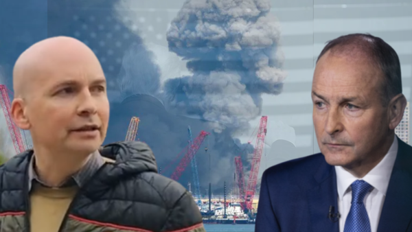 Paul Murphy and Micheál Martin in foreground Trump cheering on the bombing of Iran behind.