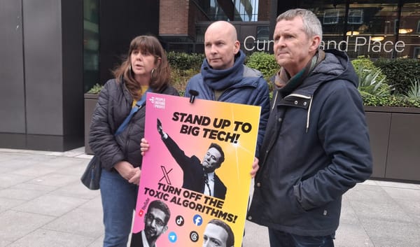 Niamh McDonald of the Hope & Courage Collective stands with PBP TDs Paul Murphy and Richard Boyd Barrett at X offices at Cumberland Place in Dublin 26 Feb 2026