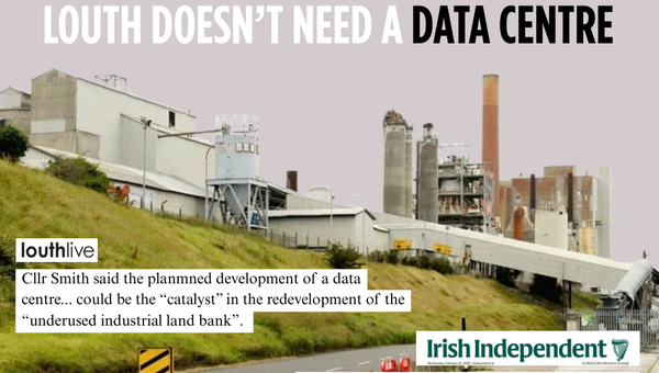 The Premier Periclase site under the slogan Louth Doesn't Need A Data Centre and headlines from the local and national papers.
