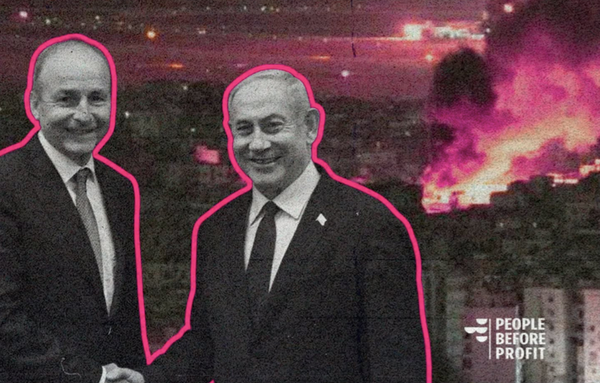 Micheál Martin shakes Benjamin Netanyahu's hand as Beirut burns in the background.