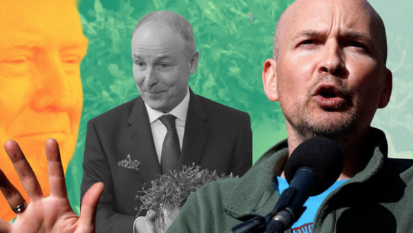 Paul Murphy at a microphone holding his hand up in opposition. Micheál Martin holding bowl of shamrocks in front of a green background. Orange Trump in the smiling in the behind.