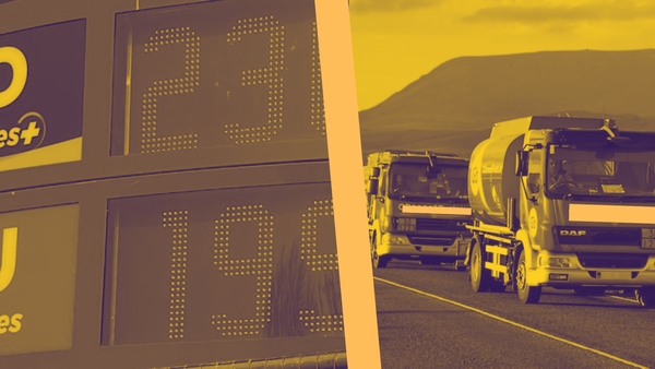 Image of petrol prices at 2.36 diesel and 1.99 unleaded matched with two home heating oil trucks.