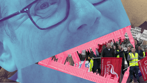 Kier Starmer with Westminster as teeth devours workers on picket housing, health and education workers on strike