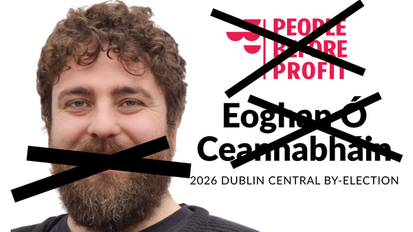 Photo of Eoghan Ó Ceannabháin with his name party and mouth covered with x's.