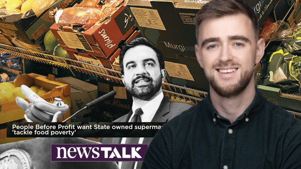 Cllr Conor Reddy in front of images from Newstalk's interview article with him an image of Zohran Mamdani