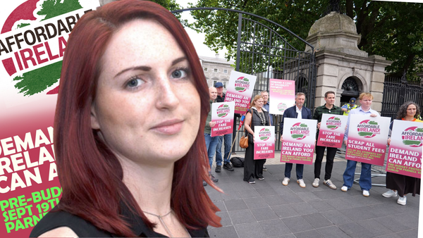 Adrienne Wallace in front of a poster for the Affordable Ireland Pre-Budge Demo on September 19th in Dublin. Also an image of party reps from Sinn Féin, Social Democrats and PBP. 