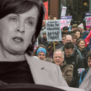 Diane Dodds in front of a mass of protesting UCU members